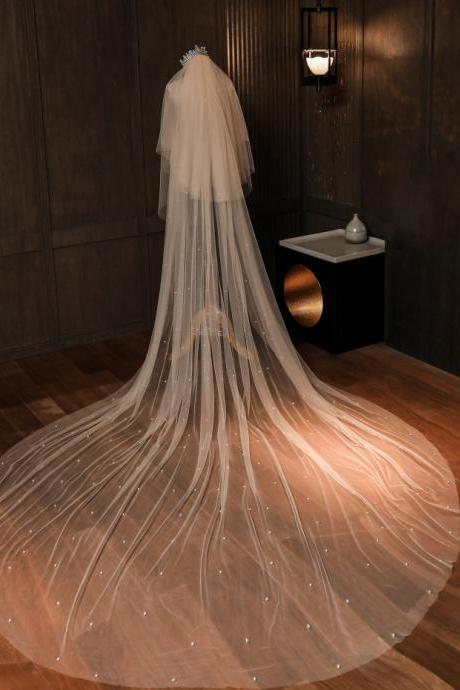 Long Veil, Bridal Trailing Veil, Super Fairy Nail Bead Veil
