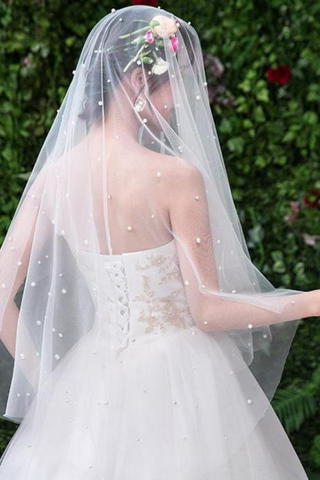 Bride Headdress, Simple Pearl Headdress, Travel Photo Wedding Veil Super Xian Sen, White Short Style