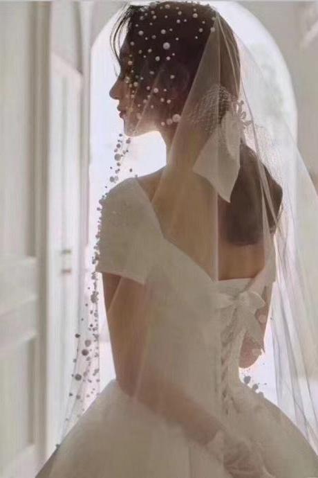 Bridal Veil, Pearl Wavy Veil, Retro Bowknont, Photo/photography/wedding Match,long Bridal Veil