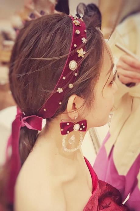 Bride Headdress, Wine Red Headband, Simple Fairy Beauty Hair Accessories, Wedding Super Fairy Accessories, Simple Atmosphere,handmade