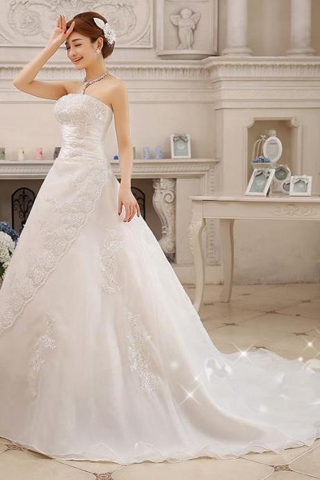Wedding Dress, Lace Strapless, White Trailing Wedding Dress, Custom Made