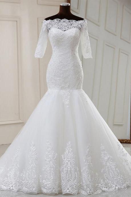 New style mermaid wedding dress, off shoulder bridal dress, half sleeve wedding dress,Custom Made