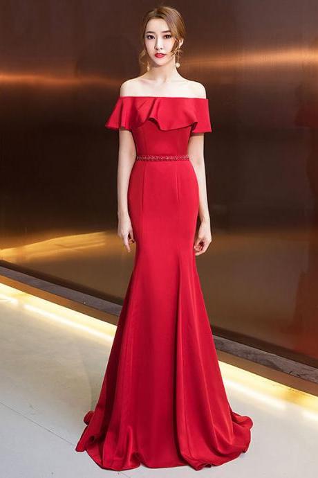 Red Wedding Dress, Off Shoulder Evening Dress, Slim Mermaid Prom Dress,custom Made