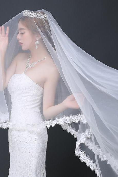 Bride Long Lace Veil, 3 Meters, Super Fairy Wedding Long Tail Wedding Dress Headdress