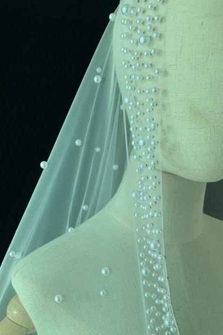 Sweet, Web Celebrity Pearl Veil, Bride Wedding/photo, Bridal White Veil,self-created Handmade