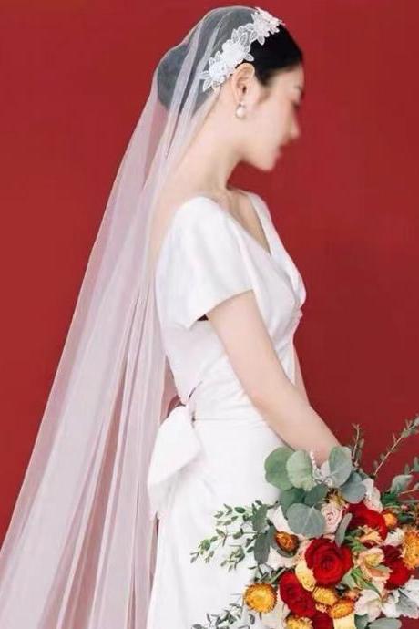 Lace pearl flower single plain veil, folk style bridal veil, white wedding dress veil,3 meters long