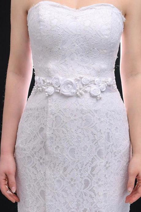 Handmade flowers, pearl bridal belt, evening dress waist trim, ribbon waist trim white,S323