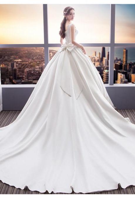 Simple Bridal Dress, White U-neck Wedding Dress, Long Tailing Wedding Dress,custom Made