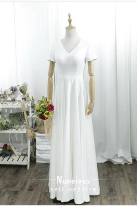 Spring, classic, simple, satin prom dress, long artistic light wedding dress, vintage travel wedding dress,Custom made