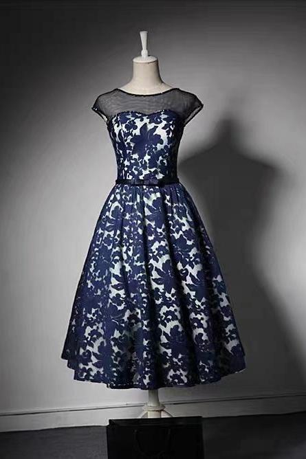 Vintage, cap sleeve evening dress, birthday dress , navy blue embroidered midi dress,Custom made