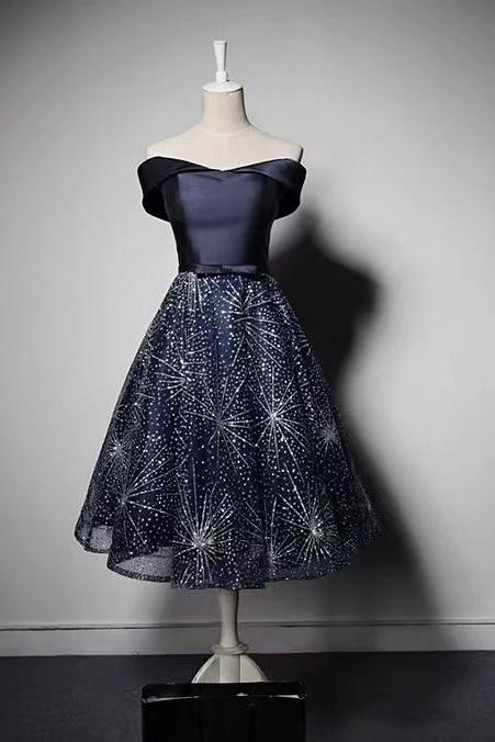 Off Shoulder Navy Blue Homecoming Dress, Lace Bronzing Tulle Evening Dress, Fashion Long Bouffant Dress,custom Made
