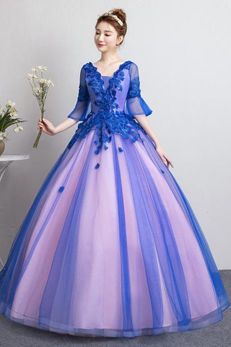 Floor Length, V-neck Ball Gown,mid Sleeve, Princess Palace Bouffant Dress,custom Made