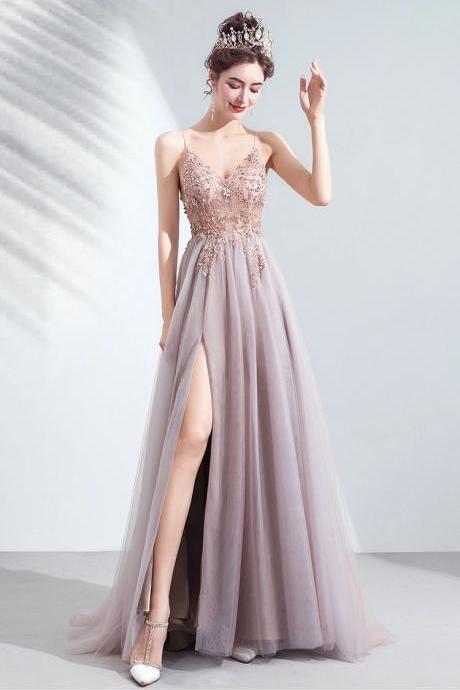 Pink Bridal Dress, Bridesmaid Dress, High Slit Wedding Gown,spaghetti Strap Prom Dress,custom Made