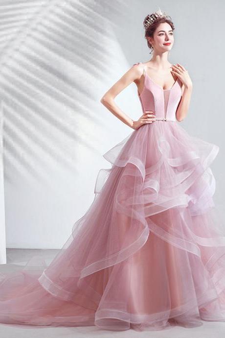 Sweet Macaron Pink Bridal Gown, Spaghetti Strap Prom Dress, Irregular Ball Gown ,custom Made