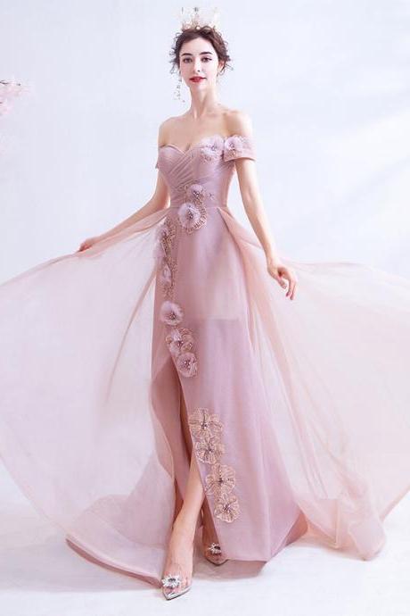 Pink bridal dress, split wedding gown, off shoulder evening gown,Custom made