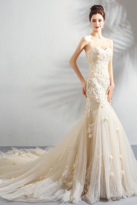 Mermaid Princess Dress, Romance Rose Bridal Dress, Strapless Bridal Wedding Dress,custom Made