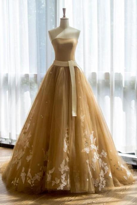 Yellow party dress ,strapless evening dress, tulle applique prom dress with sash