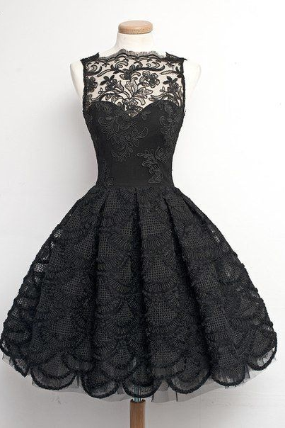 Vintage, Homecoming/prom Dress , Black Sheer Neck With Lace , Short Evening Gowns,custom Made