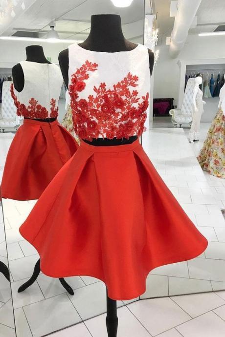 Red Two Piece Homecoming Dresses,cute Appliqued Satin Homecoming Gown,short Prom Dress,custom Made
