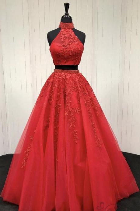Red Two Pieces Prom Dress,tulle Lace Applique Evening Dress,long Prom Dress, Custom Made
