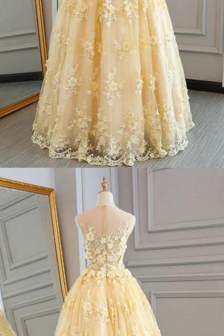 Yellow tulle lace prom dress, ball gown, prom dresses, Custom made