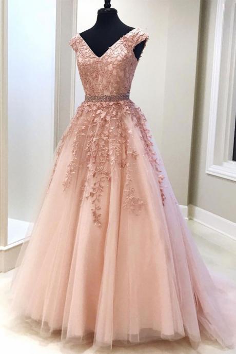 Pink V Neck Tulle Lace Long Prom Dress, Pink Evening Dress Appliques Party Dress , Custom Made