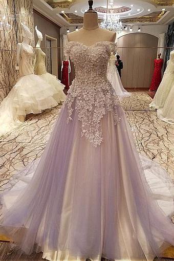 Modest Tulle ,off-the-shoulder Neckline, A-line Prom Dresses With Lace Appliques , Handmade Flowers,custom Made