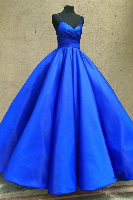 Royal Blue Ball Gown,blue Prom Dress,spaghetti Straps Evening Dress,v-neck Party Gown,custom Made