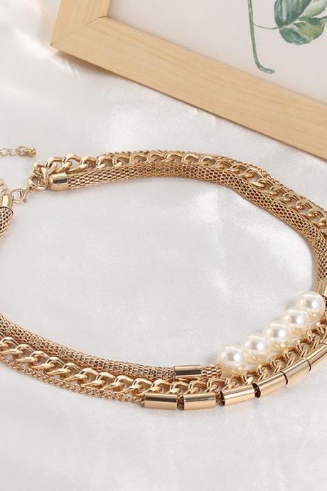 Multi-layer metal pearl necklace, personality temperament first accessories, collarbone chain, women's accessories