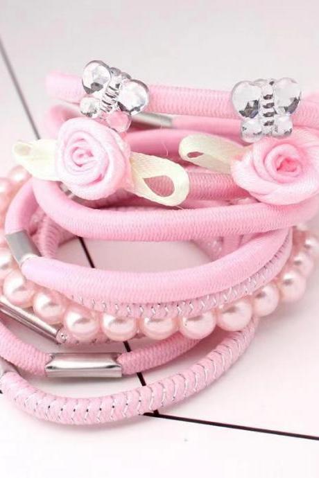 High stretch children's hair rope set, pink pearl bow flower rope hair accessories, cute girls
