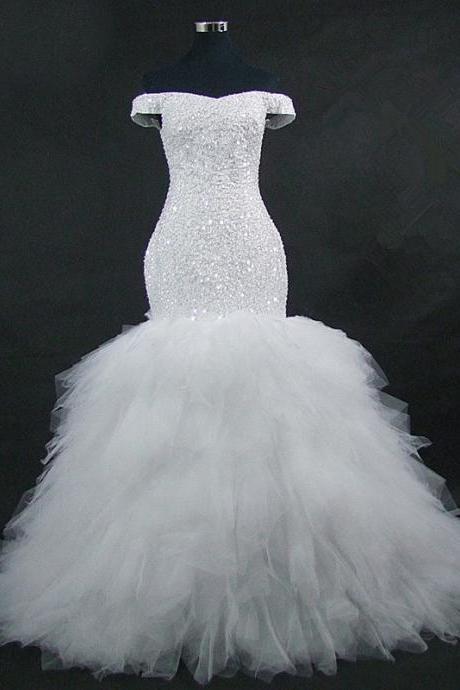 Off Shoulder Mermaid Wedding Dress, Large Size Wedding Dress, Handmade Pearl,custom Made