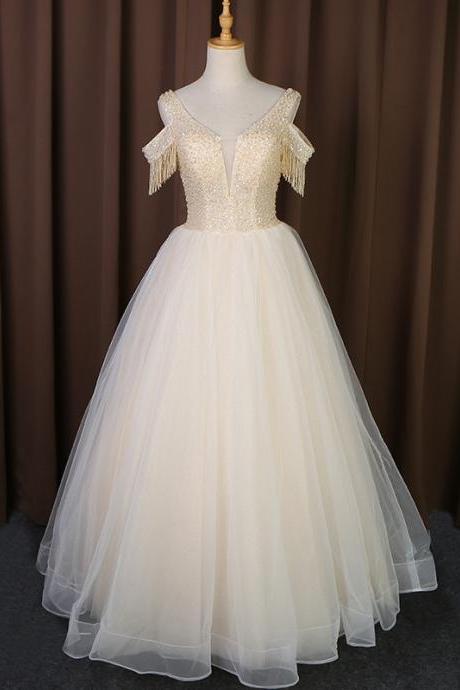 Tassel Sleeves, Beaded Wedding Dress, Floor Length Champagne Wedding Dress,custom Made,self-created Handmade