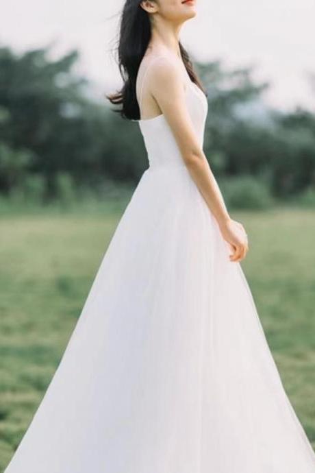 Simple light wedding dress, fairy bridal dress, spaghetti strap wedding dress ,custom made