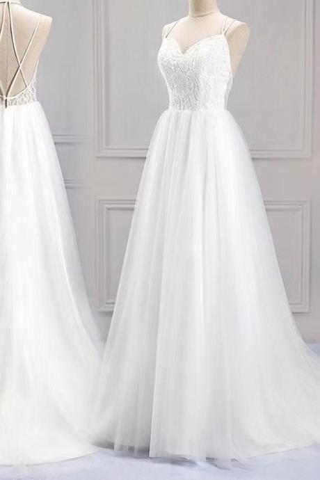 Spaghetti strap wedding dress ,backless,white simple bridal dress,custom made
