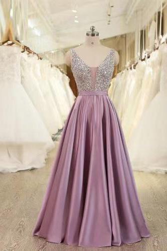 V-neck Party Dress,satin And Beaded Prom Dress,custom Made