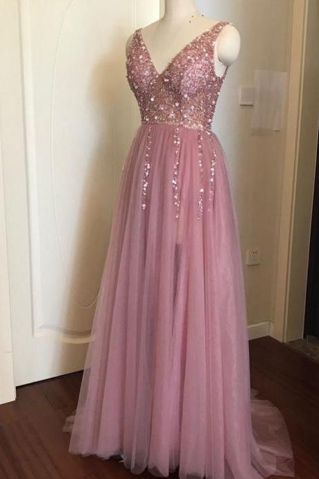 Handmade,v-neck Prom Dress,beaded Party Dress,custom Made