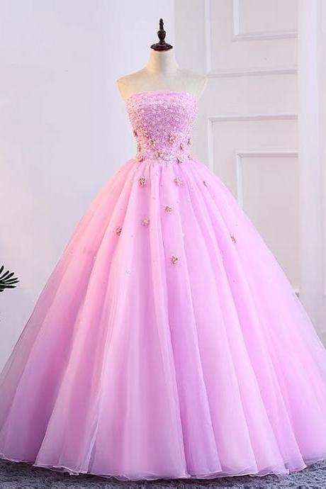 Strapless Ball Gown,applique Floral Prom Dress,pink Party Dress,custom Made