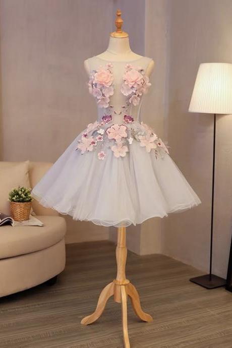 Floral Grey Dress, Sleeveless Bridesmaid Dress, Short Homecoming Dress,custom Made