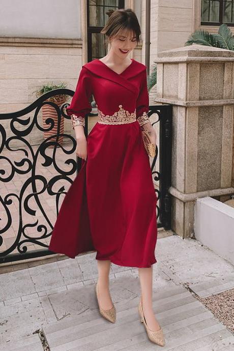 New, red prom dress with lace belt,charming midi dress,custom made