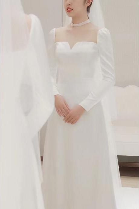 Light Satin Wedding Dress, Simple Small Trailing , Off Shoulder Long Sleeve Bridal Dress,custom Made