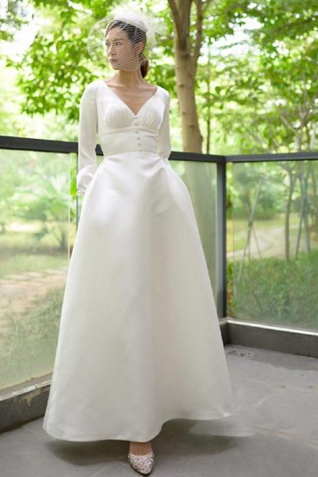Light Satin Wedding Dress, Simple Long Sleeves Bridal Dress, Floor Length,custom Made