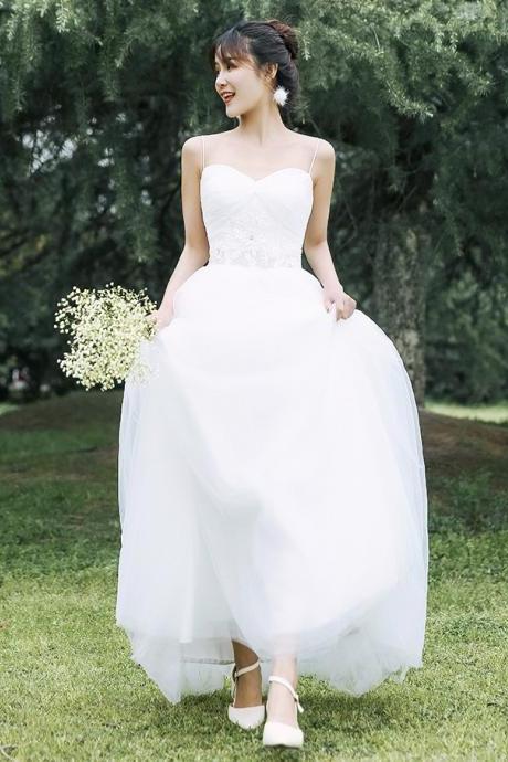 Spaghetti Strap Wedding Dress,tulle Bridal Dress With Applique,custom Made