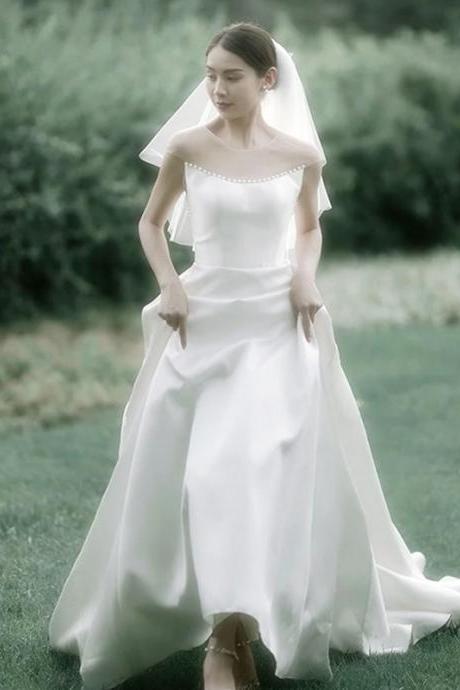 Dream Light Wedding Dress, Simple Satin Bridal Dress With Trailing ,custom Made