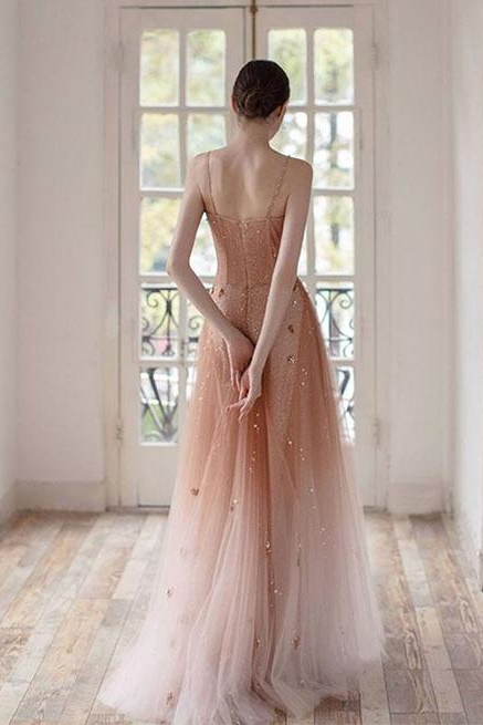 Unique,gradient,spaghetti Strap Prom Dress,light Tulle Party Dress With Sequin,custom Made