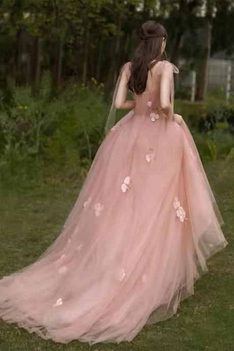 Unique,v-neck Wedding Dress,pink Bridsmaids Dress,dream Prom Dress With Floral Applique ,custom Made