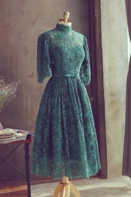 High Neck Lace Midi Dress,green Wedding Guest Dress,custom Made