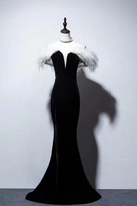 New,feather velvet fashion dress,black evening dress, mermaid sexy prom dress,custom made