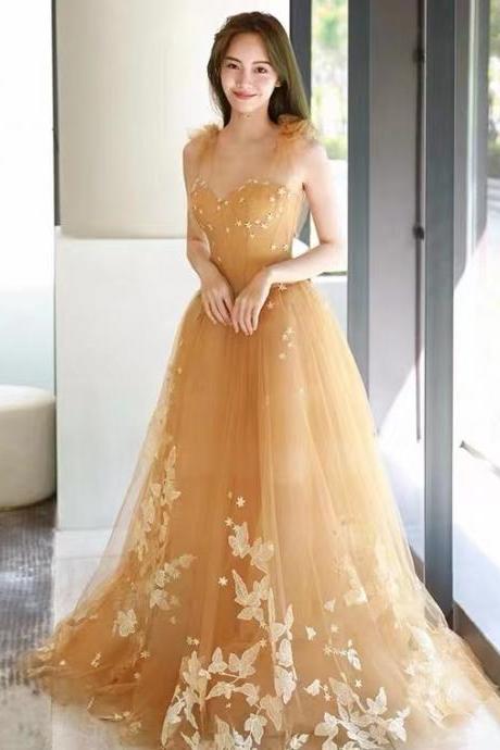 New,yellow prom dress,tulle fairy party dress,sexy evening dress with lace applique,custom made