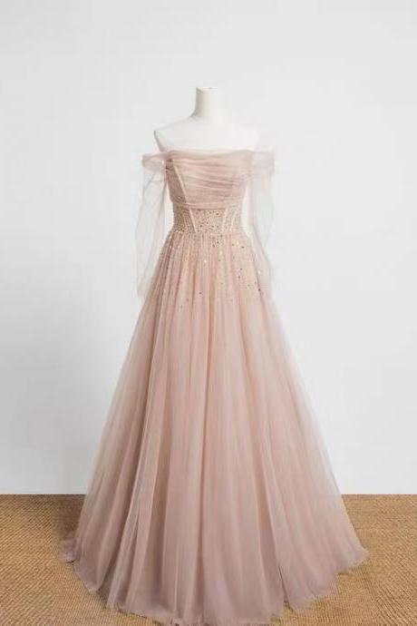 New,light pink fairy evening dress, off shoulder nail beaded wedding dress, outdoor light wedding dress,custom made