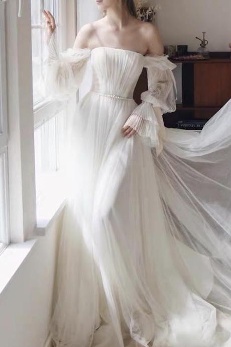 New,White evening dress, Hepburn style, temperament long wedding dress, off shoulder fairy trailing bridal dress,custom made